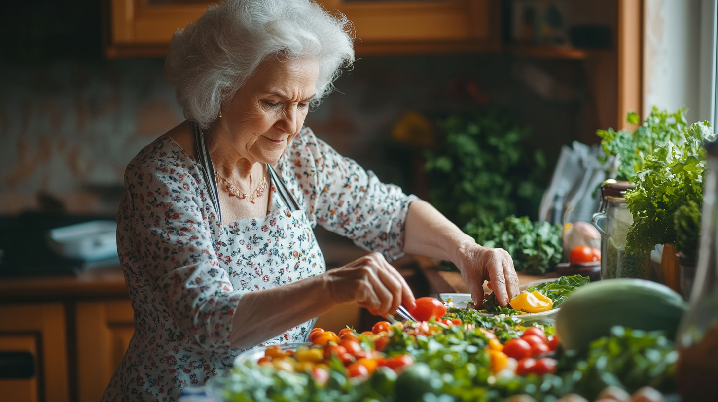 Щаслива пара старшого віку готує здорову їжу разом